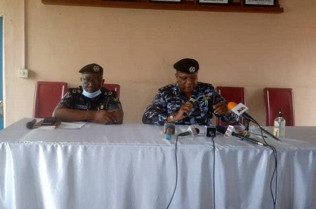 L-R: Edo State Commissioner of Police, Johnson Kokumo and AIG Zone 5, Shola David, shortly before a strategic security meeting in Benin, on Sunday