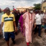 Igwe Ogidi, Alex Onyido and Idemili North LGA Chairman during the inspection of burnt Prof Achebe Library in the council area