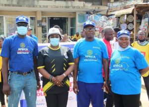 L-R:- Rotn. (Dr) Festus Adetonwa, Ogun State Coordinator of District 9110 on PolioPlus project, Mrs Funmi Wakama, General Manager, NTA 12, Abeokuta, Rotn. Segun Kuyoro, Assistant District Governor, represented District Governor, Bola Oyebade and Rotn. (Mrs) Olushola Saeed, Open Opportunities President of Rotary Club of Oke-Ona Egba, Abeokuta, during the sensitisation walk in Abeokuta, Ogun State.