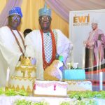 Ekiti State Deputy Governor Otunba Bisi Egbeyemi (L) with the Ewi of Ado-Ekiti, Oba Adeyemo Adejugbe (R) at the monarch’s 75th birthday celebration in Ado-Ekiti on Monday, Nov 23, 2020