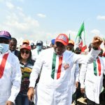 PDP National Chairman Uche Secondus (L), Bayelsa State Governor Douye Diri (C)