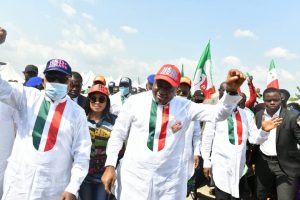 PDP National Chairman Uche Secondus (L), Bayelsa State Governor Douye Diri (C)