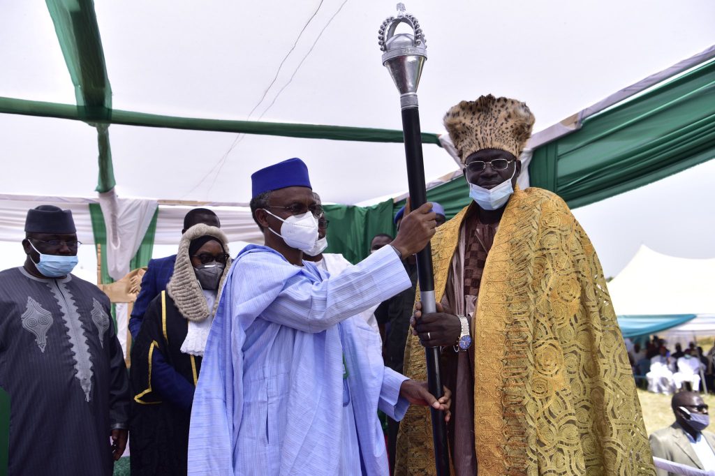 Kaduna Governor Malam Nasir El-Rufai presenting staff of office to the Agwam Zikpak, HH Dr Kantiyok Josiah Tagwai