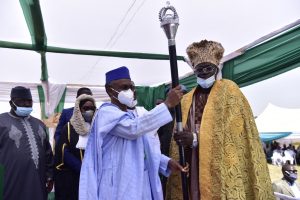 Kaduna Governor Malam Nasir El-Rufai presenting staff of office to the Agwam Zikpak, HH Dr Kantiyok Josiah Tagwai