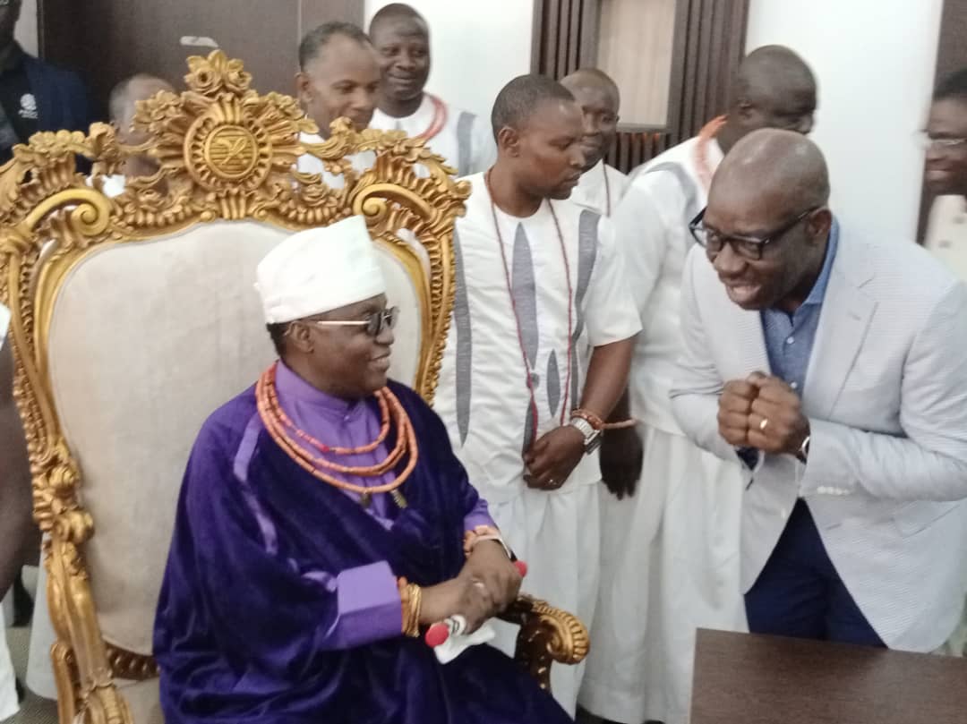 Oba of Benin greets Obaseki, Shaibu on second term inauguration