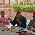 (R-L) Chairman, National Organising Committee, Chief Austine Onwubiko, National Vice Chairman, South East, Jesse Odu, and Secretary, Conference Organising Committee, Elochukwu Chinedu, during a press conference of Nigerian Publishers Association held in Enugu  (Photo credit: Magnus Eze)