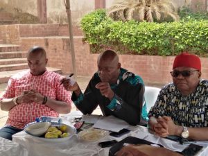 (R-L) Chairman, National Organising Committee, Chief Austine Onwubiko, National Vice Chairman, South East, Jesse Odu, and Secretary, Conference Organising Committee, Elochukwu Chinedu, during a press conference of Nigerian Publishers Association held in Enugu  (Photo credit: Magnus Eze)