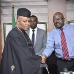 Minister of Niger Delta Affairs Godswill Akpabio (L), NDDC Interim Board Chairman Prof Kemebradikumo Pondei (R)