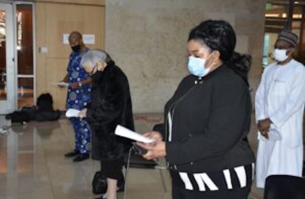 From left on front roll: Mr Cross Nsofor, son of Late Justice Sylvanus Nsofor, immediate-past Ambassador of Nigeria to the US; wife of the late envoy, Mrs Jean Nsofor, and the Charge D’Affaires, Nigerian Embassy, Washington DC, Mrs Jane Adams, at the ceremony