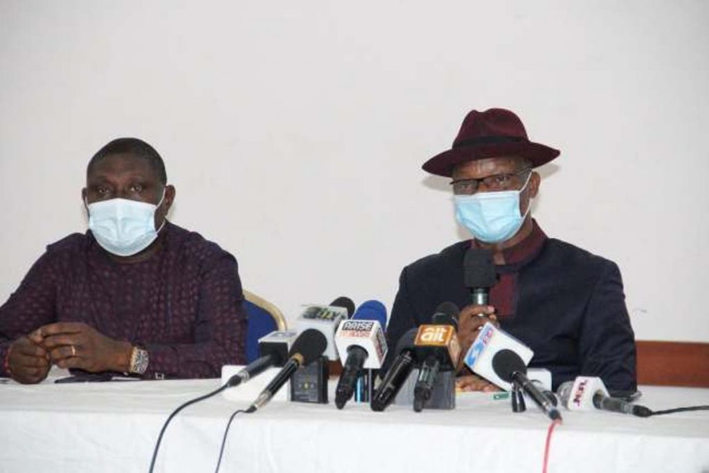 Delta Commissioner for Information Mr Charles Aniagwu (R) and Commissioner for Works Chief Augoye James, during a post Exco Press Briefing in Government House, Asaba