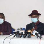 Delta Commissioner for Information Mr Charles Aniagwu (R) and Commissioner for Works Chief Augoye James, during a post Exco Press Briefing in Government House, Asaba