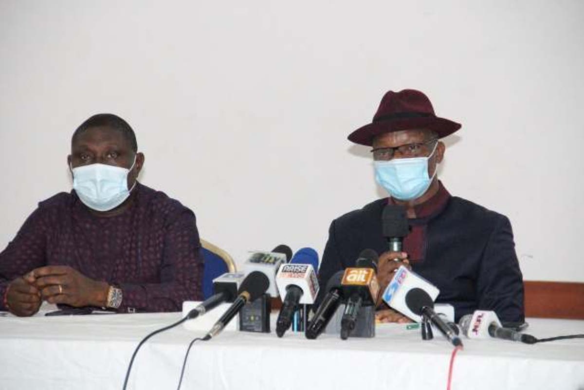 Delta Commissioner for Information Mr Charles Aniagwu (R) and Commissioner for Works Chief Augoye James, during a post Exco Press Briefing in Government House, Asaba