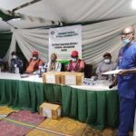 Fourth from Left- Prof. Ademola Oremosu, the INEC Returning Officer for the Lagos East Senatorial by-election and other INEC officials at the final Collation Centre located at INEC office in Somolu on Sunday