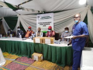Fourth from Left- Prof. Ademola Oremosu, the INEC Returning Officer for the Lagos East Senatorial by-election and other INEC officials at the final Collation Centre located at INEC office in Somolu on Sunday