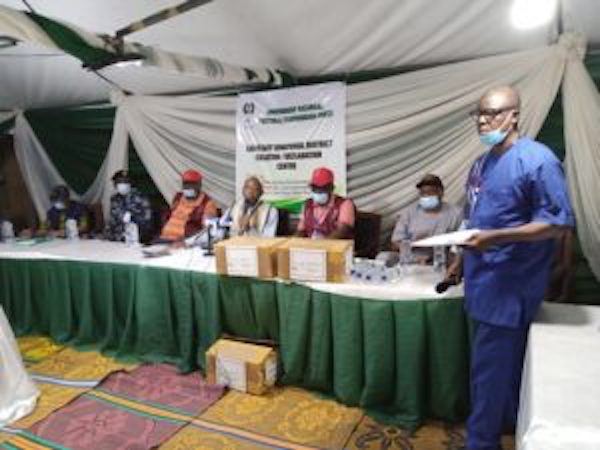 Fourth from Left- Prof. Ademola Oremosu, the INEC Returning Officer for the Lagos East Senatorial by-election and other INEC officials at the final Collation Centre located at INEC office in Somolu on Sunday