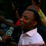 Former presidential candidate Omoyele Sowore talks to the media after being released on bail by Nigeria’s government, in Abuja