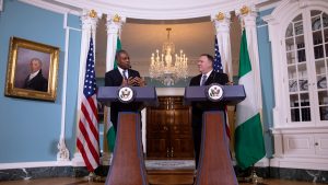 Nigerian Minister of Foreign Affairs Geoffrey Onyeama (L), US Secretary of State Mike Pompeo (R)