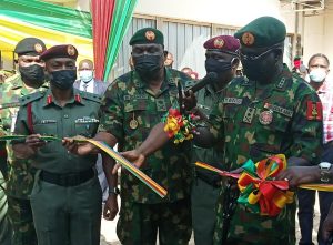 R-L: COAS Lieutenant General Tukur Buratai commissioning the Accident and Emergency ward at the 44NARH, Kaduna, while Ag CMD, 44NARH, Colonel Augustine Omogbethai, Major General OI Osamere and Colonel IB Solebo, offered support  (Photo credit to Sola Ojo)
