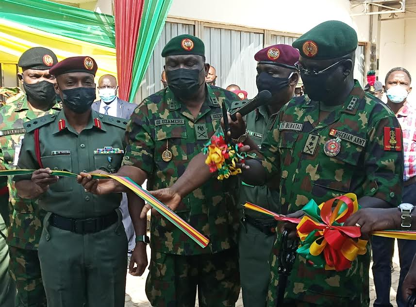 R-L: COAS Lieutenant General Tukur Buratai commissioning the Accident and Emergency ward at the 44NARH, Kaduna, while Ag CMD, 44NARH, Colonel Augustine Omogbethai, Major General OI Osamere and Colonel IB Solebo, offered support  (Photo credit to Sola Ojo)