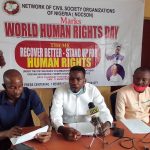 Ogbidi Emmanuel (m) flanked by some of his executive members during a press briefing in Benin City