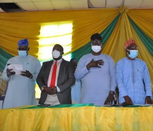 L-R: The Permanent Secretary, Ogun State Teaching Service Commission (TESCOM), Mr Johnson Odeyemi, Chairman, (TESCOM), Evang Olalekan Ifede, Commissioner IV, Chairman Screening Committee, Hon Johnson Adeleye Adeola and Commissioner III, Hon Majekodunmi Olanrewaju, during the induction ceremony of new sets of 94 Principals into the Ogun State Secondary Schools, held at Lisabi Grammar School, Idi-Aba, Abeokuta, Ogun State