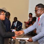 Ikpeme (left) when she was sworn-in as Acting Chief Judge by Gov Ayade on December 3, 2019
