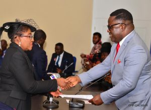 Ikpeme (left) when she was sworn-in as Acting Chief Judge by Gov Ayade on December 3, 2019