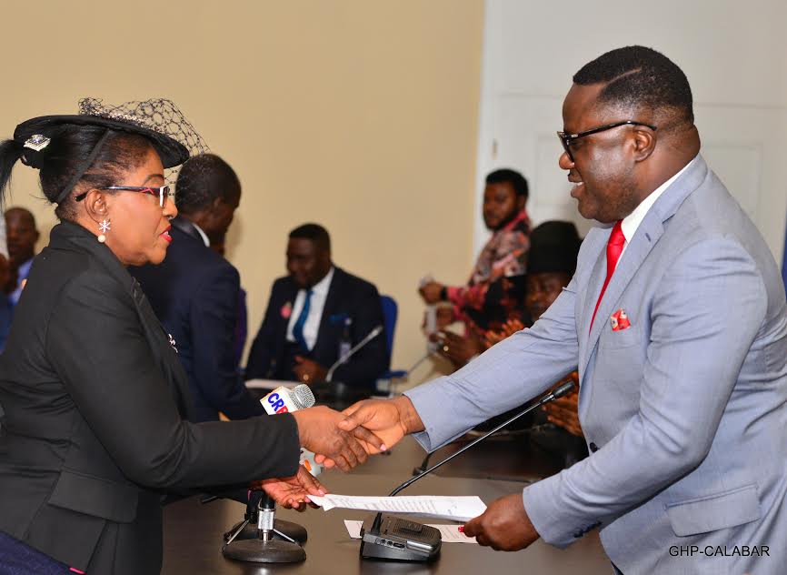 Ikpeme (left) when she was sworn-in as Acting Chief Judge by Gov Ayade on December 3, 2019