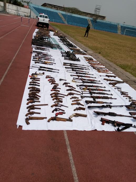 Some of the recovered arms and ammunition displayed at UJ Esuene Stadium, Calabar