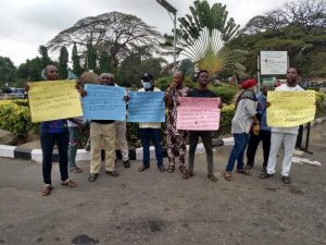 Members of the University of Ibadan chapter of the Joint Action Committee (JAC) of Non-Academic Staff Union (NASU) and Senior Staff Association of Nigeria Universities (SSANU) during the protest in Ibadan on Tuesday (Photo credit: Seye Ojo)