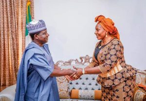 Plateau State Governor Simon Lalong (L), Minister of Women Affairs Dame Pauline Tallen (R)