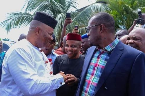 Niger Delta Affairs Minister Godswill Akpabio (l), NDDC Sole Administrator Effiong Akwa (m)