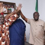 Ohanaeze Ndigbo President-General Prof George Obiozor (L), Abia State Governor Okezie Ikpeazu (2nd R)