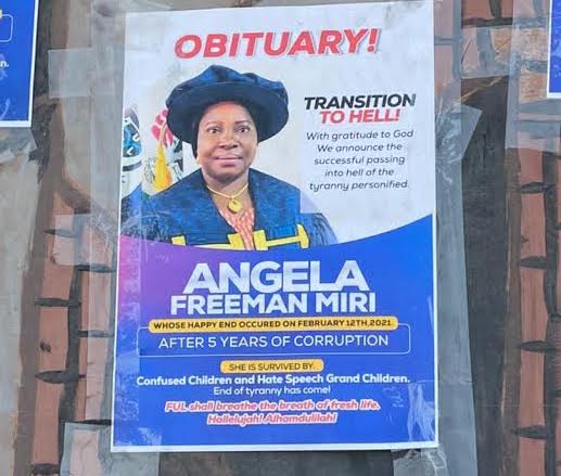 Lokoja: Mock obituary posters of outgoing VC as staff, students celebrate her departure
