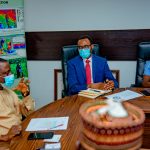 L-R: The Honourable Minister of State Mines and Steel Development Dr Uchechukwu Sampson Ogah and the Secretary, National Action Committee on African Continental Free Trade Area (AFCFTA), Francis Anatogu with a member of his team during a courtesy visit at the Ministry’s Headquarters in Abuja recently.