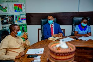 L-R: The Honourable Minister of State Mines and Steel Development Dr Uchechukwu Sampson Ogah and the Secretary, National Action Committee on African Continental Free Trade Area (AFCFTA), Francis Anatogu with a member of his team during a courtesy visit at the Ministry’s Headquarters in Abuja recently.