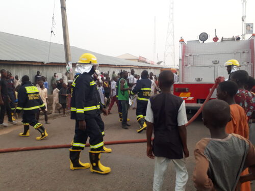 Gombe State firemen putting out fire at Gombe Grain Market