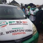 PDP governorship aspirant, Dr Winston Udeh, handing over the 21 vehicles to the Anambra State chairman of the PDP at the party secretariat in Awka