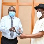 Chairman/Chief Executive of the National Drug Law Enforcement Agency (NDLEA), Brig-Gen Mohamed Buba Marwa (retd), presenting a souvenir to the Rivers State governor, Chief Nyesom Wike when he paid the governor a courtesy visit in Government House, Port Harcourt, on Tuesday, February 23, 2021