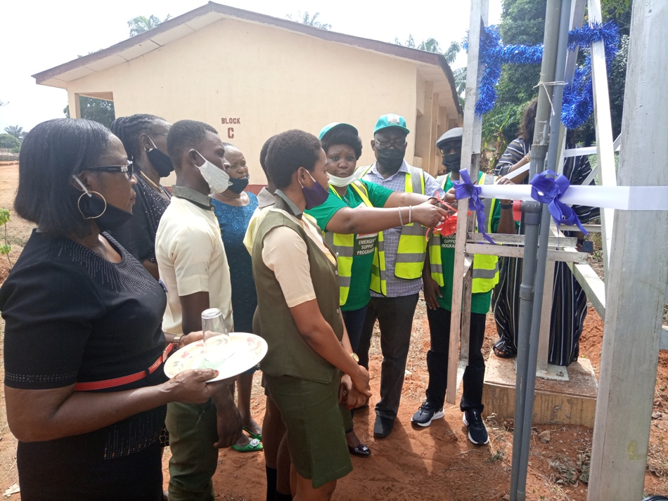Chairperson of the VSF Taskforce, Mrs Toyosi Akerele-Ogunsiji, commissioning the borehole in Community Secondary School, Mbaukwu