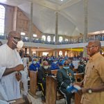 Edo Governor Godwin Obaseki (left), and former National Chairman of the All Progressives Congress (APC), Adams Oshiomhole (right), at the Centenary Birthday Thanksgiving of Msgr Thomas Oleghe and 18th Canonical Erection Anniversary of the Diocese of Auchi held at Immaculate Conception Cathedral in Auchi, on Saturday, March 6, 2021
