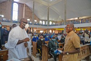 Edo Governor Godwin Obaseki (left), and former National Chairman of the All Progressives Congress (APC), Adams Oshiomhole (right), at the Centenary Birthday Thanksgiving of Msgr Thomas Oleghe and 18th Canonical Erection Anniversary of the Diocese of Auchi held at Immaculate Conception Cathedral in Auchi, on Saturday, March 6, 2021
