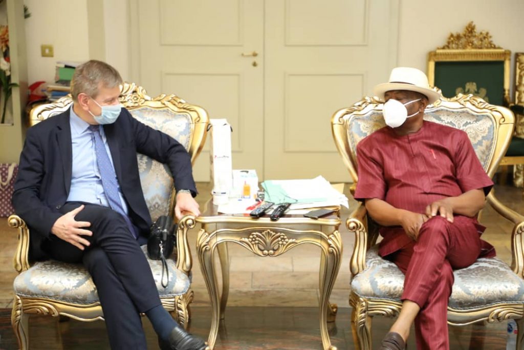 Belgian Ambassador to Nigeria Mr Daniel Bertrand (L), Rivers Governor Nyesom Wike (R)