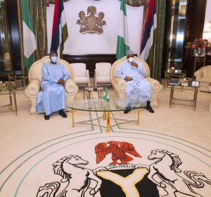 President Muhammadu Buhari (R) received a farewell visit from Dr Mohammed Ibn Chambas, Special Representative of the UN Secretary General for West Africa and Sahel at State House, Abuja