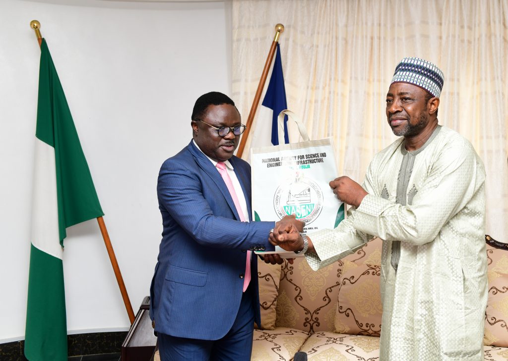Cross River State Governor Ben Ayade (L) with the Executive Vice Chairman/Chief Executive, National Agency for Science and Engineering Infrastructure (NASENI) Prof MS Haruna (R) during a courtesy call on the Governor at the Governors Office, Calabar