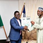 Cross River State Governor Ben Ayade (L) with the Executive Vice Chairman/Chief Executive, National Agency for Science and Engineering Infrastructure (NASENI) Prof MS Haruna (R) during a courtesy call on the Governor at the Governors Office, Calabar