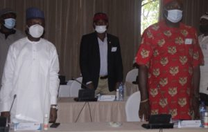 L-R: NILDS DG Prof Abubakar Sulaiman; a member of Enugu State House of Assembly, Eneh Chukwuka; and Speaker, Enugu State House of Assembly, Andrew Obosi, at Capacity Building Workshop organised by NILDS in Uyo, Akwa Ibom