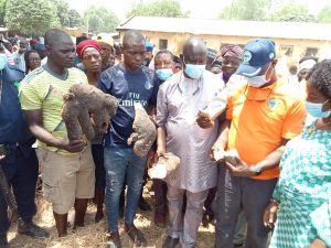 Hon Alphonsus Komsol and NEMA officials inspecting destroyed yam