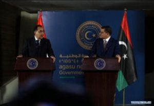 Libya’s Prime Minister Abdul Hamid Dbeibah (R) and Egyptian Prime Minister Mostafa Madbouly attend a press conference in Tripoli, Libya, on April 20, 2021. Libya’s Prime Minister Abdul Hamid Dbeibah on Tuesday met with visiting Egyptian counterpart Mostafa Madbouly to discuss boosting bilateral cooperation. (Photo by Hamza Turkia/Xinhua