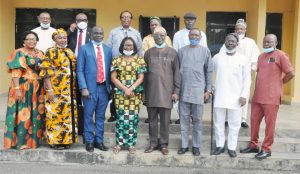 Prof Obi (standing, middle); Chairman, Presidential Visitation Panel to University of Calabar, Prof Bamiro, (beside VC, standing right); Dr Gab Egbe (beside VC, standing left) and others